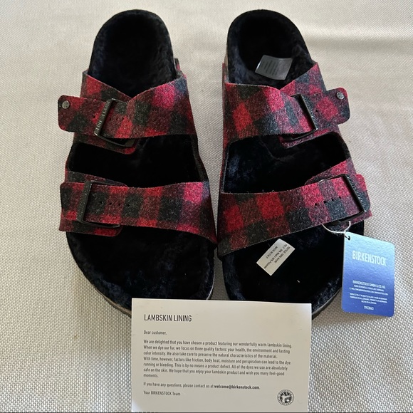 Birkenstock Arizona Plaid Shearling Slide Sandal Men\'s 10 EU43 Red/Black NWT main image 6